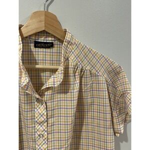 VTG Dee Cee Blouse Plaid Multi Color Short Sleeve Button Up Top Size 16 USA Made